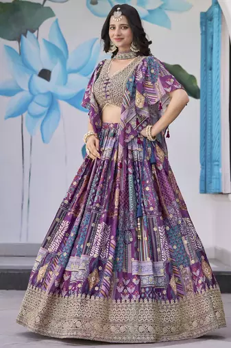 PURPLE CHINNON SILK DIGITAL PRINT & ZARI DORI EMBROIDERED PARTY WEAR INDIAN WEDDING FESTIVE SEMI STITCHED LEHENGA CHOLI