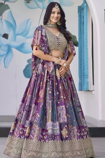 PURPLE CHINNON SILK DIGITAL PRINT & ZARI DORI EMBROIDERED PARTY WEAR INDIAN WEDDING FESTIVE SEMI STITCHED LEHENGA CHOLI