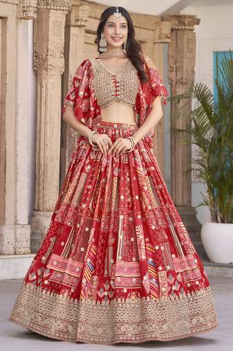 RED CHINNON SILK DIGITAL PRINT & ZARI DORI EMBROIDERED PARTY BRIDAL INDIAN WEDDING FESTIVE SEMI STITCHED LEHENGA CHOLI