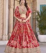 RED CHINNON SILK DIGITAL PRINT & ZARI DORI EMBROIDERED PARTY BRIDAL INDIAN WEDDING FESTIVE SEMI STITCHED LEHENGA CHOLI