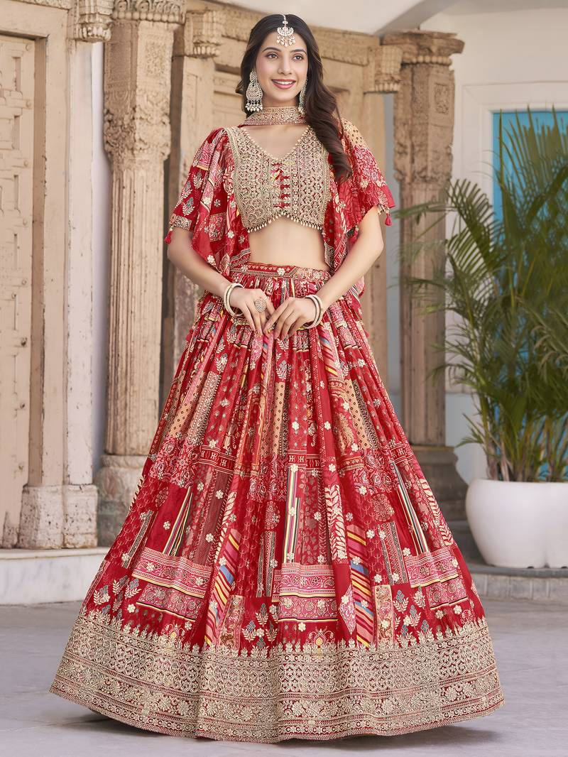 RED CHINNON SILK DIGITAL PRINT & ZARI DORI EMBROIDERED PARTY BRIDAL INDIAN WEDDING FESTIVE SEMI STITCHED LEHENGA CHOLI