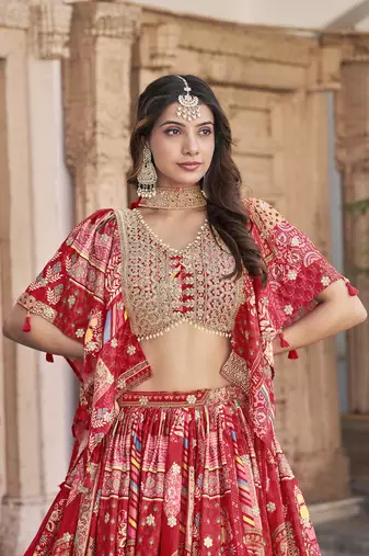 RED CHINNON SILK DIGITAL PRINT & ZARI DORI EMBROIDERED PARTY BRIDAL INDIAN WEDDING FESTIVE SEMI STITCHED LEHENGA CHOLI
