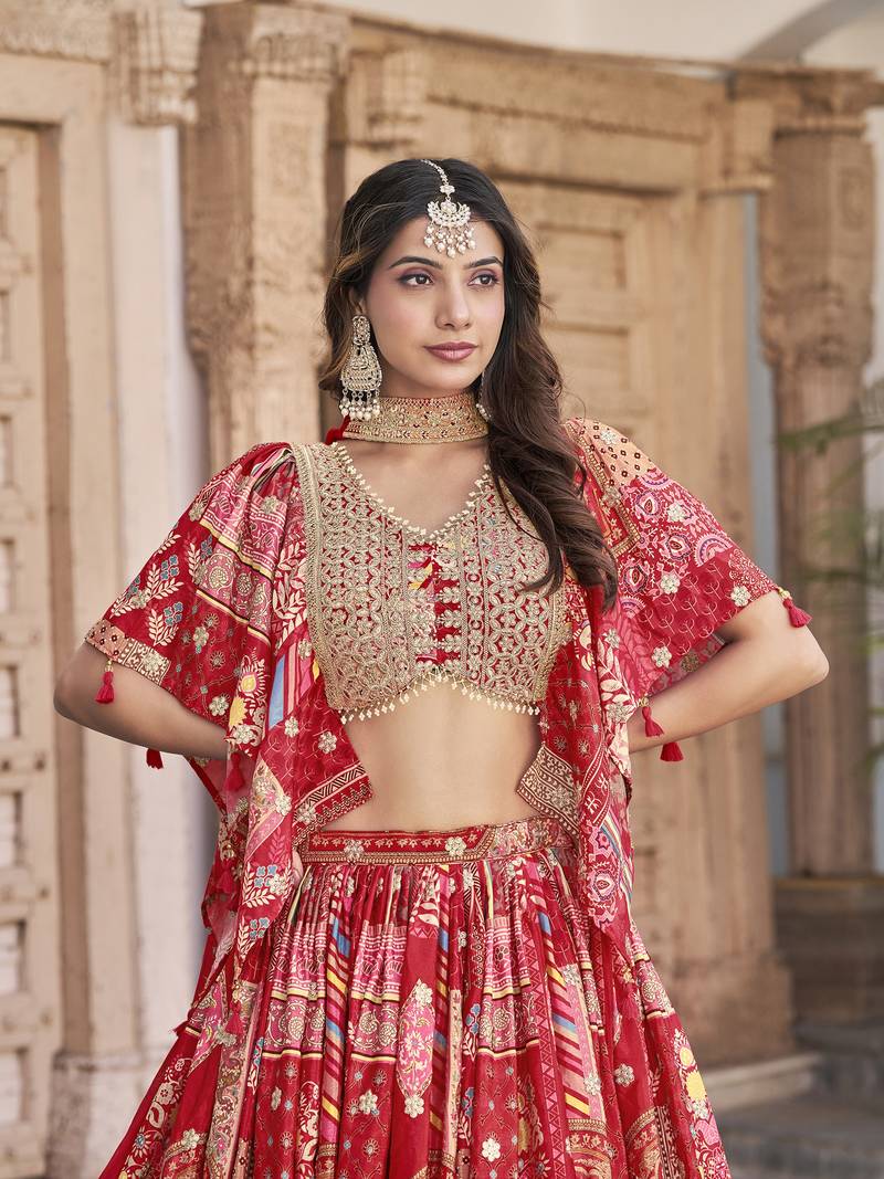 RED CHINNON SILK DIGITAL PRINT & ZARI DORI EMBROIDERED PARTY BRIDAL INDIAN WEDDING FESTIVE SEMI STITCHED LEHENGA CHOLI