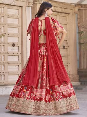 RED CHINNON SILK DIGITAL PRINT & ZARI DORI EMBROIDERED PARTY BRIDAL INDIAN WEDDING FESTIVE SEMI STITCHED LEHENGA CHOLI 4