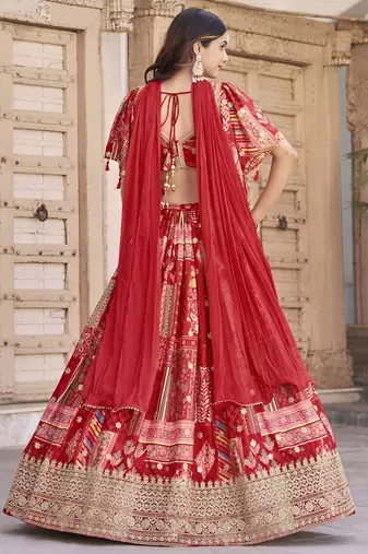 RED CHINNON SILK DIGITAL PRINT & ZARI DORI EMBROIDERED PARTY BRIDAL INDIAN WEDDING FESTIVE SEMI STITCHED LEHENGA CHOLI