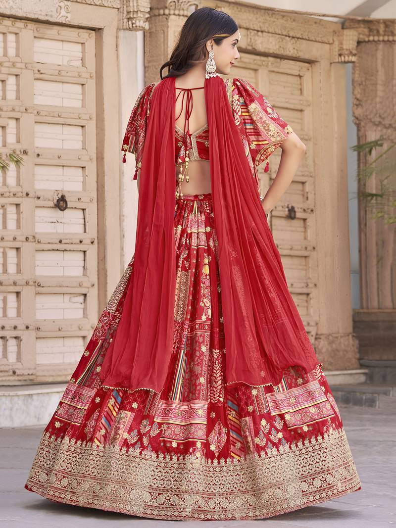 RED CHINNON SILK DIGITAL PRINT & ZARI DORI EMBROIDERED PARTY BRIDAL INDIAN WEDDING FESTIVE SEMI STITCHED LEHENGA CHOLI