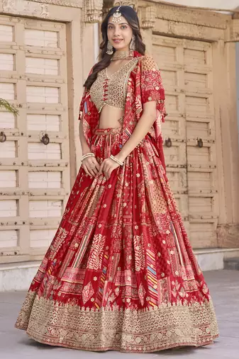 RED CHINNON SILK DIGITAL PRINT & ZARI DORI EMBROIDERED PARTY BRIDAL INDIAN WEDDING FESTIVE SEMI STITCHED LEHENGA CHOLI