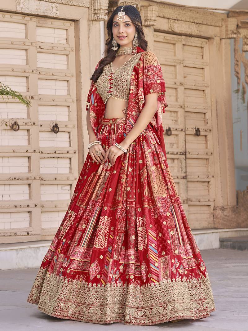RED CHINNON SILK DIGITAL PRINT & ZARI DORI EMBROIDERED PARTY BRIDAL INDIAN WEDDING FESTIVE SEMI STITCHED LEHENGA CHOLI