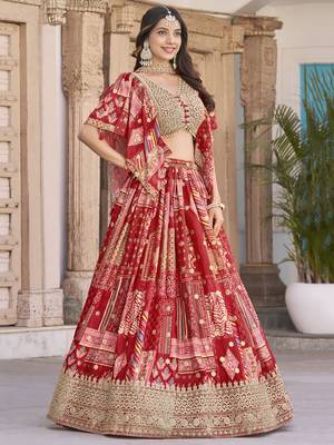 RED CHINNON SILK DIGITAL PRINT & ZARI DORI EMBROIDERED PARTY BRIDAL INDIAN WEDDING FESTIVE SEMI STITCHED LEHENGA CHOLI 6