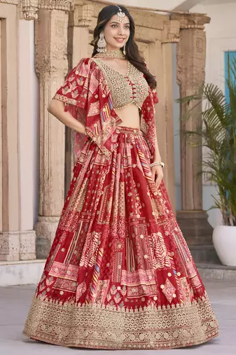 RED CHINNON SILK DIGITAL PRINT & ZARI DORI EMBROIDERED PARTY BRIDAL INDIAN WEDDING FESTIVE SEMI STITCHED LEHENGA CHOLI