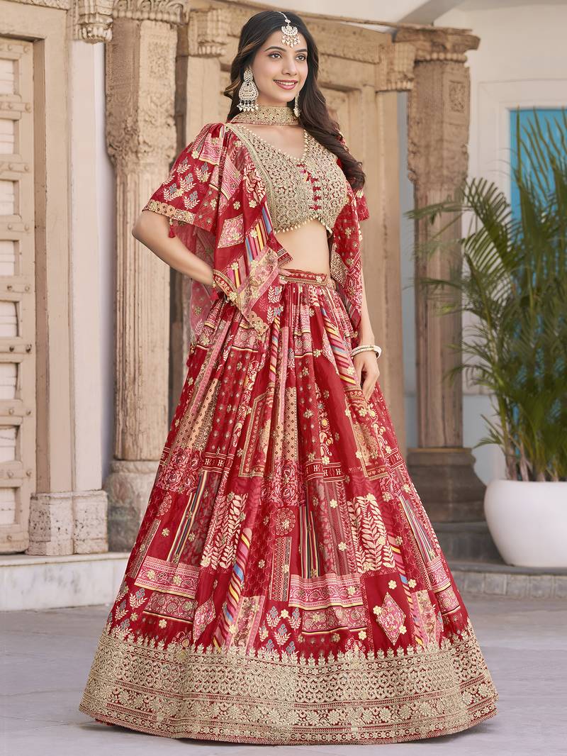 RED CHINNON SILK DIGITAL PRINT & ZARI DORI EMBROIDERED PARTY BRIDAL INDIAN WEDDING FESTIVE SEMI STITCHED LEHENGA CHOLI
