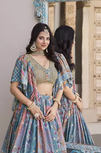 SKY BLUE CHINNON SILK DIGITAL PRINT & ZARI DORI EMBROIDERED PARTY INDIAN WEDDING FESTIVE SEMI STITCHED LEHENGA CHOLI