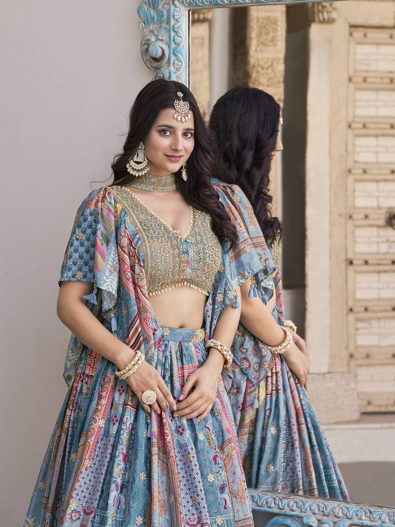 SKY BLUE CHINNON SILK DIGITAL PRINT & ZARI DORI EMBROIDERED PARTY INDIAN WEDDING FESTIVE SEMI STITCHED LEHENGA CHOLI