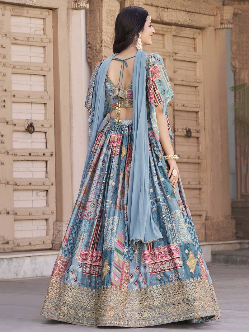 SKY BLUE CHINNON SILK DIGITAL PRINT & ZARI DORI EMBROIDERED PARTY INDIAN WEDDING FESTIVE SEMI STITCHED LEHENGA CHOLI