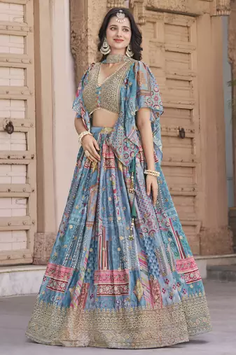 SKY BLUE CHINNON SILK DIGITAL PRINT & ZARI DORI EMBROIDERED PARTY INDIAN WEDDING FESTIVE SEMI STITCHED LEHENGA CHOLI