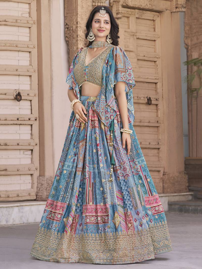 SKY BLUE CHINNON SILK DIGITAL PRINT & ZARI DORI EMBROIDERED PARTY INDIAN WEDDING FESTIVE SEMI STITCHED LEHENGA CHOLI