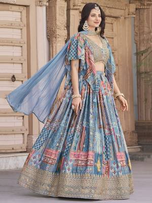 SKY BLUE CHINNON SILK DIGITAL PRINT & ZARI DORI EMBROIDERED PARTY INDIAN WEDDING FESTIVE SEMI STITCHED LEHENGA CHOLI 6