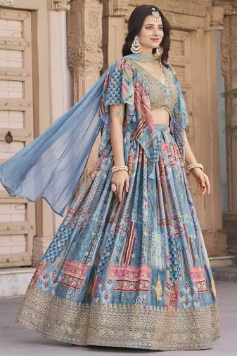 SKY BLUE CHINNON SILK DIGITAL PRINT & ZARI DORI EMBROIDERED PARTY INDIAN WEDDING FESTIVE SEMI STITCHED LEHENGA CHOLI