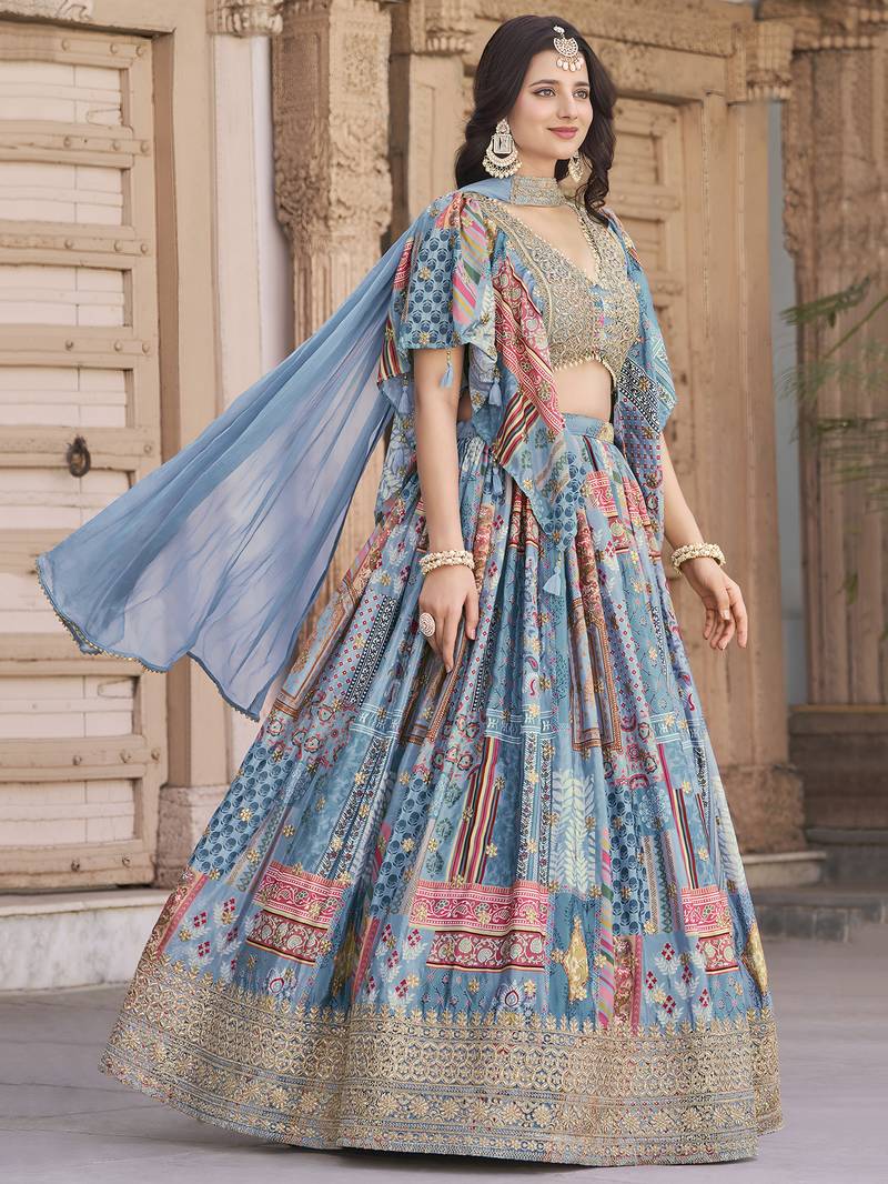 SKY BLUE CHINNON SILK DIGITAL PRINT & ZARI DORI EMBROIDERED PARTY INDIAN WEDDING FESTIVE SEMI STITCHED LEHENGA CHOLI