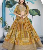YELLOW CHINNON SILK DIGITAL PRINT & ZARI DORI EMBROIDERED PARTY WEAR INDIAN WEDDING FESTIVE SEMI STITCHED LEHENGA CHOLI