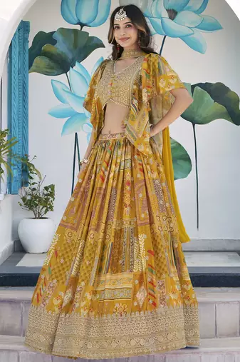 YELLOW CHINNON SILK DIGITAL PRINT & ZARI DORI EMBROIDERED PARTY WEAR INDIAN WEDDING FESTIVE SEMI STITCHED LEHENGA CHOLI