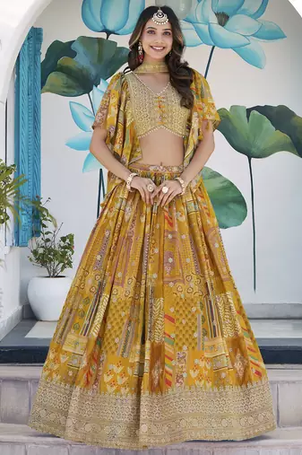 YELLOW CHINNON SILK DIGITAL PRINT & ZARI DORI EMBROIDERED PARTY WEAR INDIAN WEDDING FESTIVE SEMI STITCHED LEHENGA CHOLI