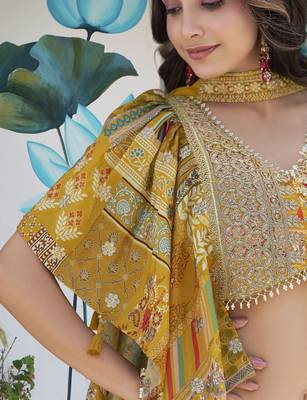 YELLOW CHINNON SILK DIGITAL PRINT & ZARI DORI EMBROIDERED PARTY WEAR INDIAN WEDDING FESTIVE SEMI STITCHED LEHENGA CHOLI 9