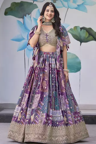 PURPLE CHINNON SILK DIGITAL PRINT & ZARI DORI EMBROIDERED PARTY WEAR INDIAN WEDDING FESTIVE SEMI STITCHED LEHENGA CHOLI