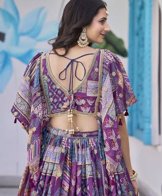PURPLE CHINNON SILK DIGITAL PRINT & ZARI DORI EMBROIDERED PARTY WEAR INDIAN WEDDING FESTIVE SEMI STITCHED LEHENGA CHOLI 8