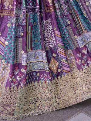 PURPLE CHINNON SILK DIGITAL PRINT & ZARI DORI EMBROIDERED PARTY WEAR INDIAN WEDDING FESTIVE SEMI STITCHED LEHENGA CHOLI 10