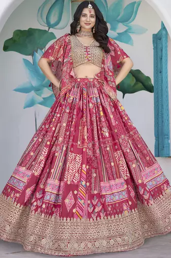 PINK CHINNON SILK DIGITAL PRINT & ZARI DORI EMBROIDERED PARTY BRIDAL INDIAN WEDDING FESTIVE SEMI STITCHED LEHENGA CHOLI