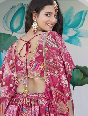 PINK CHINNON SILK DIGITAL PRINT & ZARI DORI EMBROIDERED PARTY BRIDAL INDIAN WEDDING FESTIVE SEMI STITCHED LEHENGA CHOLI 8