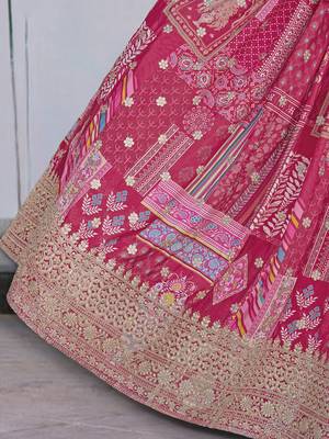 PINK CHINNON SILK DIGITAL PRINT & ZARI DORI EMBROIDERED PARTY BRIDAL INDIAN WEDDING FESTIVE SEMI STITCHED LEHENGA CHOLI 10