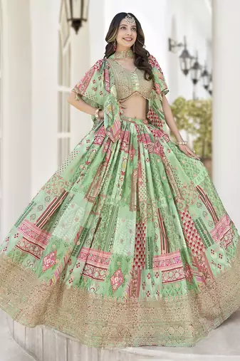 GREEN CHINNON SILK DIGITAL PRINT & ZARI DORI EMBROIDERED PARTY BRIDAL INDIAN WEDDING FESTIVE SEMI STITCHED LEHENGA CHOLI