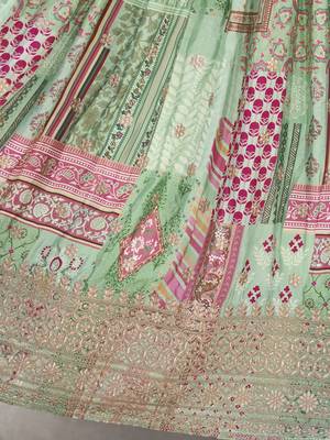 GREEN CHINNON SILK DIGITAL PRINT & ZARI DORI EMBROIDERED PARTY BRIDAL INDIAN WEDDING FESTIVE SEMI STITCHED LEHENGA CHOLI 9