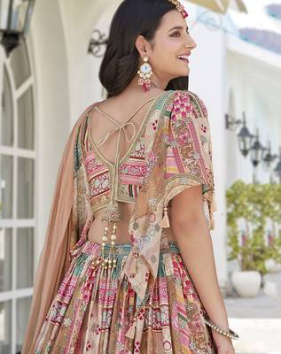 BEIGE CHINNON SILK DIGITAL PRINT & ZARI DORI EMBROIDERED PARTY BRIDAL INDIAN WEDDING FESTIVE SEMI STITCHED LEHENGA CHOLI 7