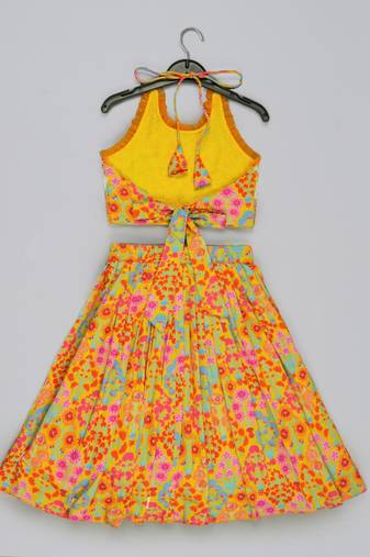 Mustard floral printed mirrow work and embroidered blouse with floral printed ghagara set
