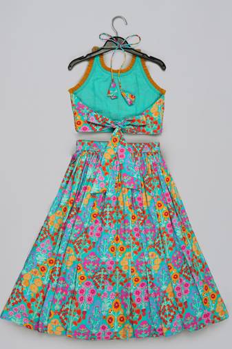 Blue floral printed mirrow work and embroidered blouse with floral printed ghagara set