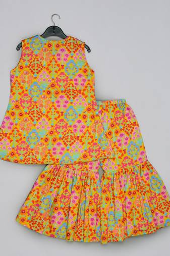 Mustard floral printed mirrow work and embroidered top with floral printed sharara set