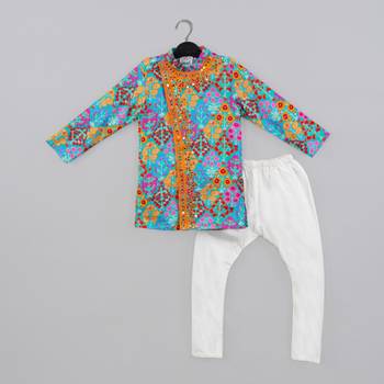 Blue stylish floral printed front open kurta ,mirror work and embroidery with pajama set 1