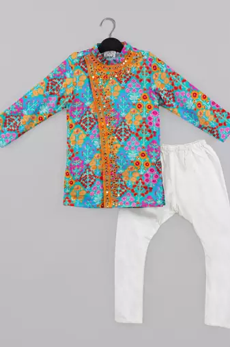 Blue stylish floral printed front open kurta ,mirror work and embroidery with pajama set