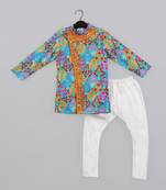 Blue stylish floral printed front open kurta ,mirror work and embroidery with pajama set