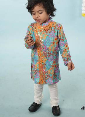 Blue stylish floral printed front open kurta ,mirror work and embroidery with pajama set 2