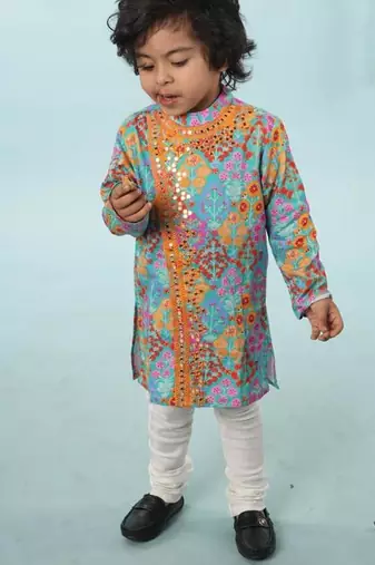 Blue stylish floral printed front open kurta ,mirror work and embroidery with pajama set