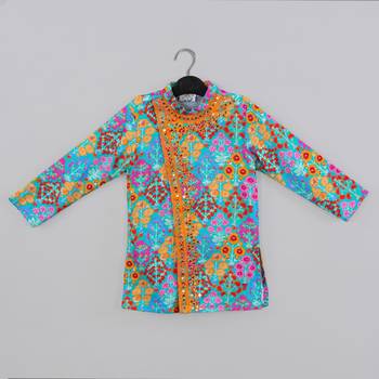 Blue stylish floral printed front open kurta ,mirror work and embroidery with pajama set 4
