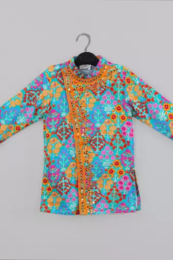 Blue stylish floral printed front open kurta ,mirror work and embroidery with pajama set