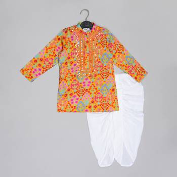 Mustard floral printed mirror work and embroiderd kurta with dhoti set 1