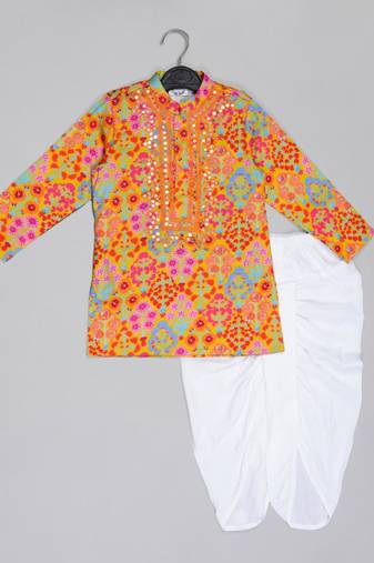 Mustard floral printed mirror work and embroiderd kurta with dhoti set