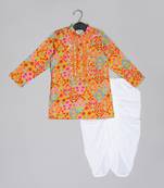 Mustard floral printed mirror work and embroiderd kurta with dhoti set