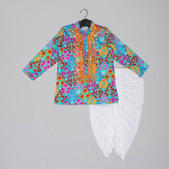 Blue floral printed mirror work and embroiderd kurta with dhoti set 1
